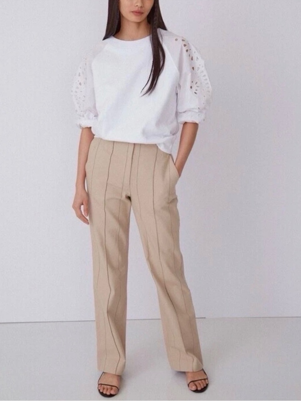 Thakoon Pinstripe High Waisted Wide Leg Trousers Khaki, Size 4